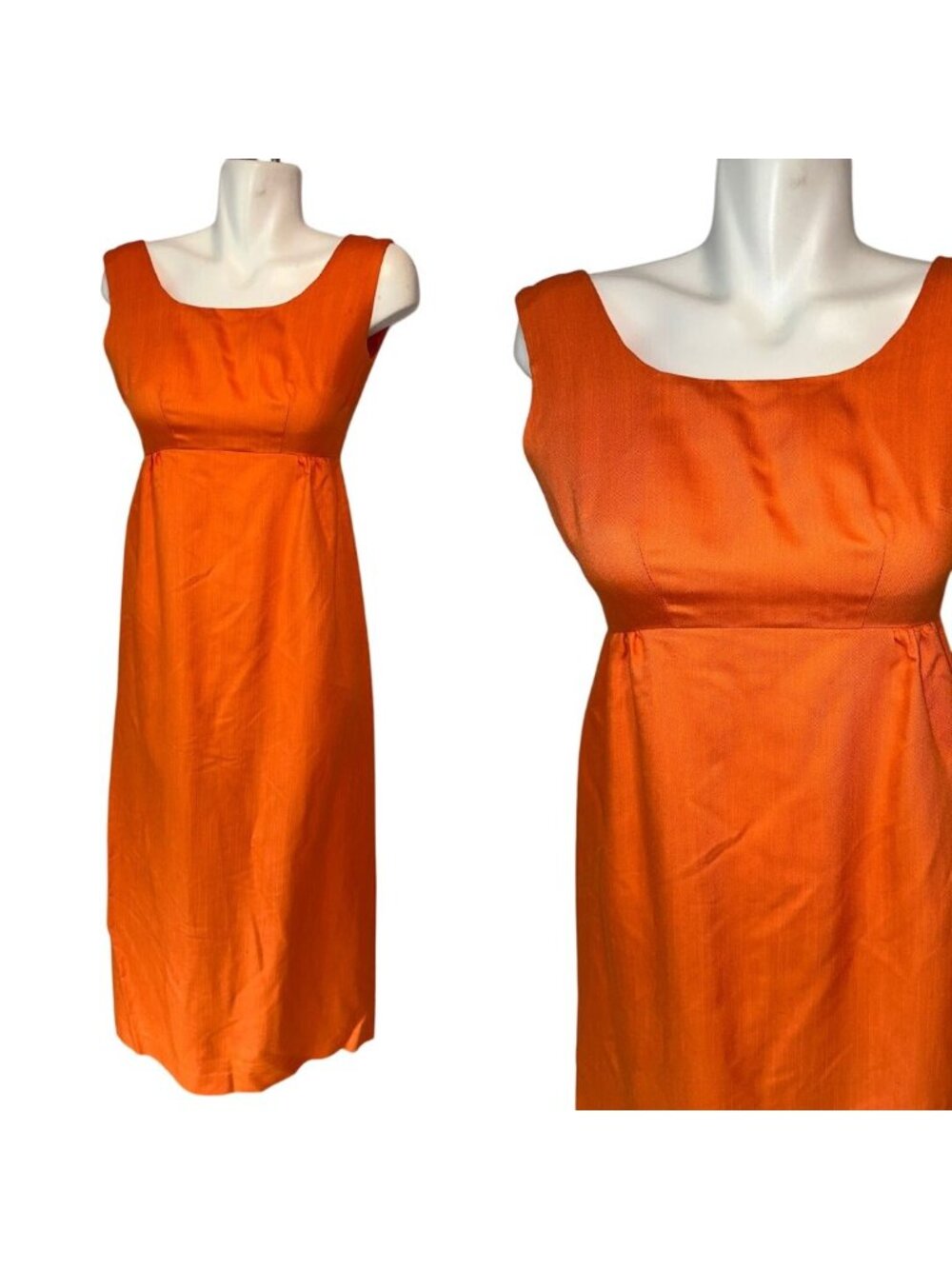 Vintage 70s Orange Maxi Dress Pumpkin Boho Hippie Empire Waist Small Sleeveless - Picture 2 of 6